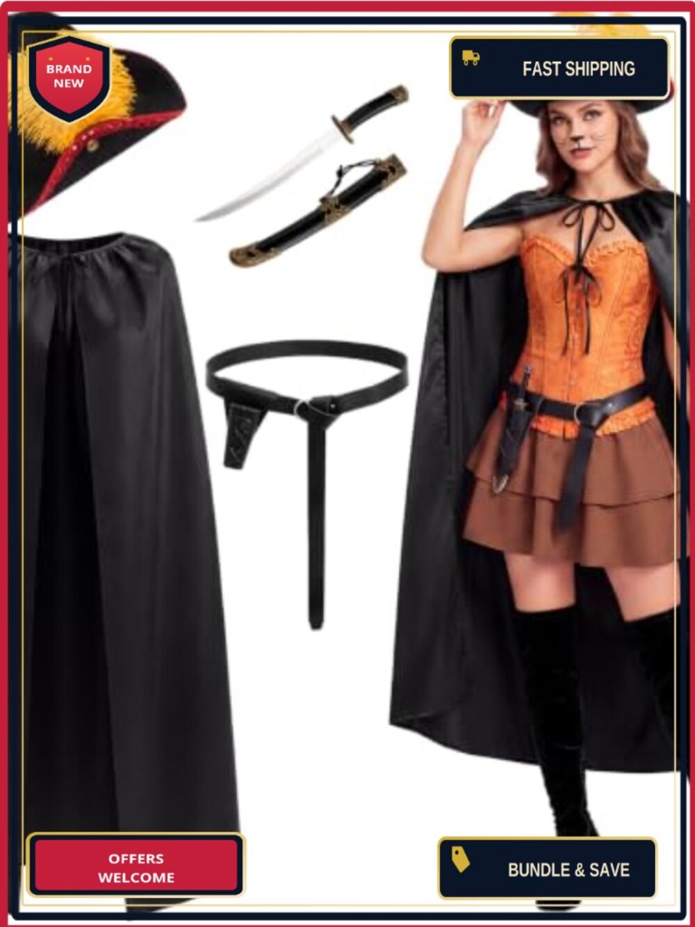 Adult Pirate Costume Set Cape Tricorn Hat Belt Sword Cosplay